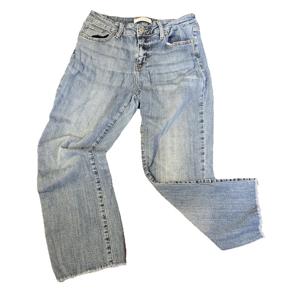 Eunina Women's Mid Rise Bootcut Blue Denim Jeans Stretch 5-Pocket Raw Hem Sz 28
